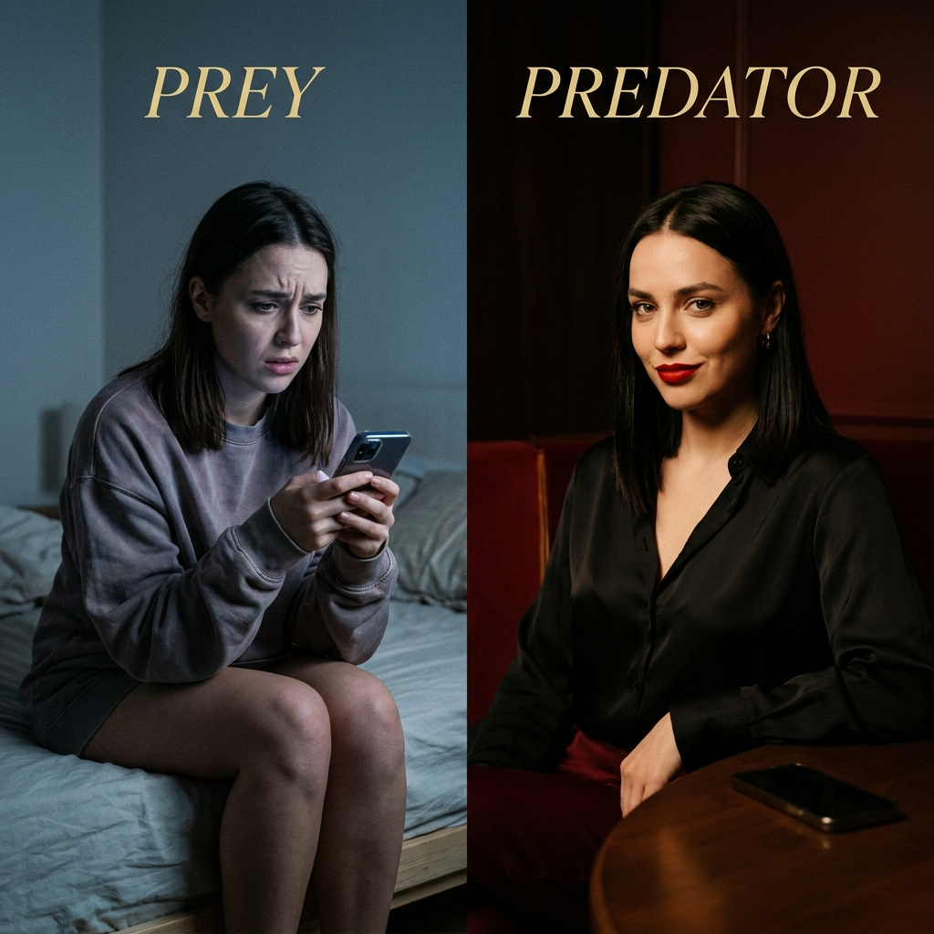 Left: a woman anxiously waiting on her phone. Right: the same woman, composed, phone face down.
