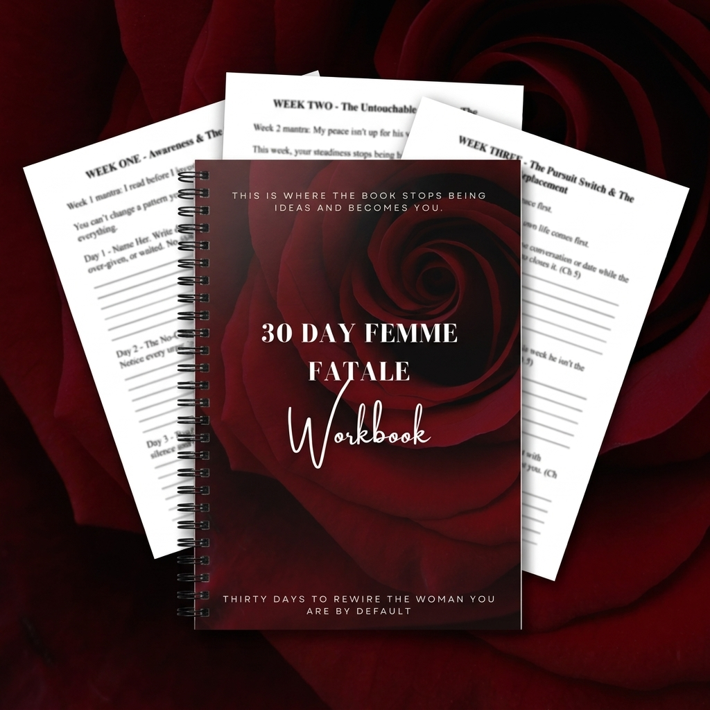 The 30-Day Femme Fatale Workbook with week one, two and three pages fanned behind it.